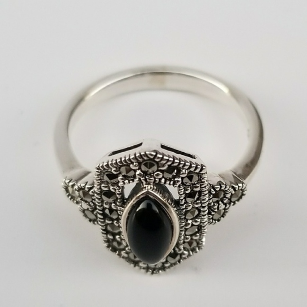 Sterling Silver 925 Marcasite Genuine Onyx Ring